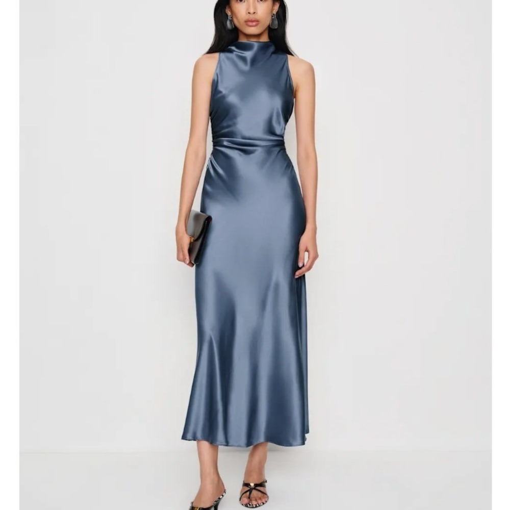 Reformation Casette 100% Silk Midi Dress Cornflower Blue Open Back Size 12 NWT